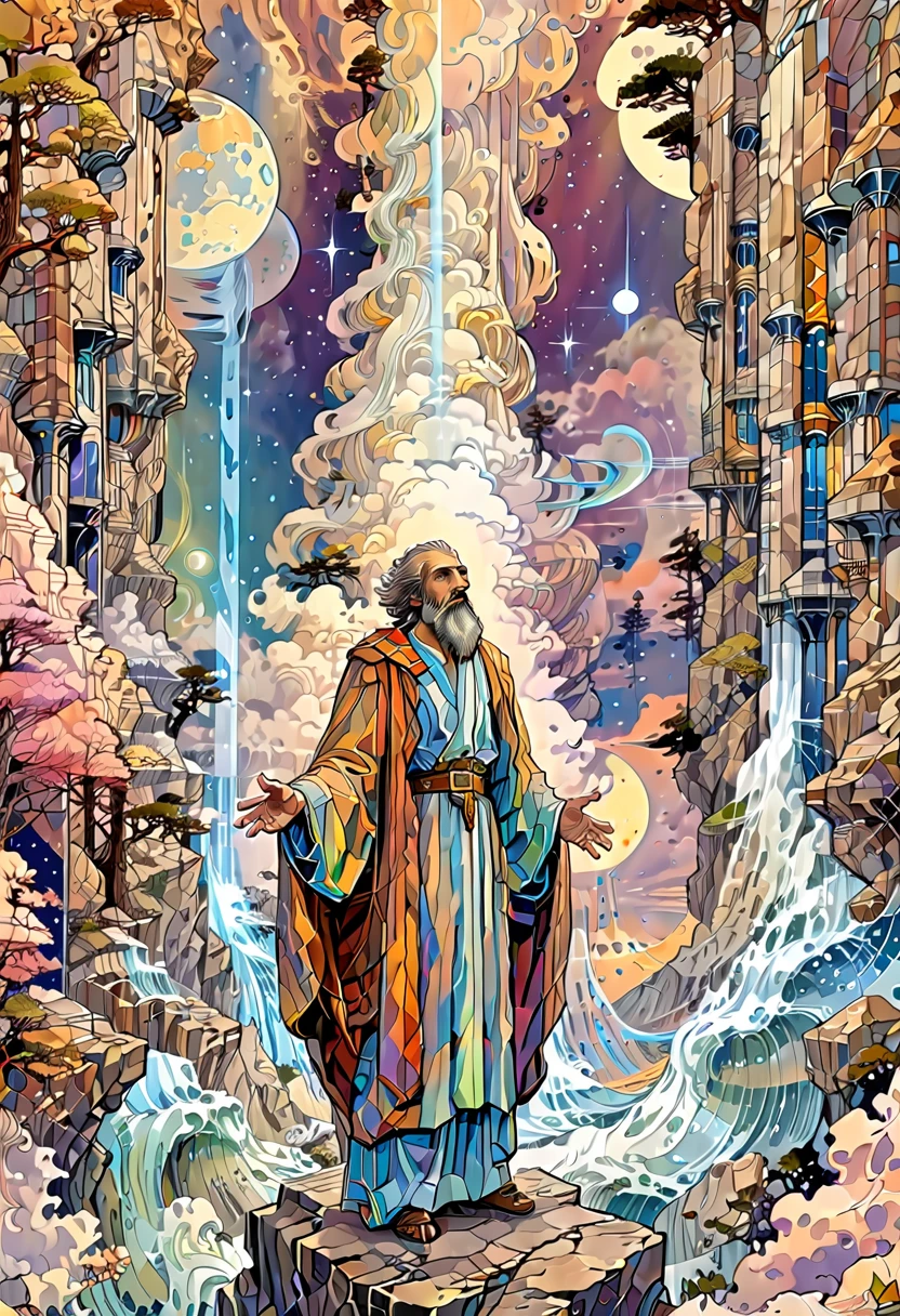 there is a man that is looking up at something, full color illustration, fan art, epic full color illustration, bible illustration, full color digital illustration, inspired by Mœbius, fanart, colored illustration, detailed fanart, francois schuiten, prophetic art, artem demura alphonse mucha, inspired by Jens Ferdinand Willumsen