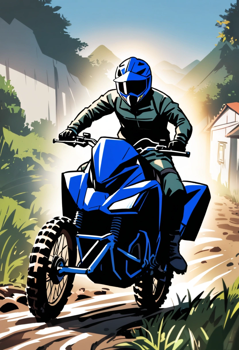 a young man riding an offroad yamaha motorcycle, fast, in a village, muddy road, bold outline