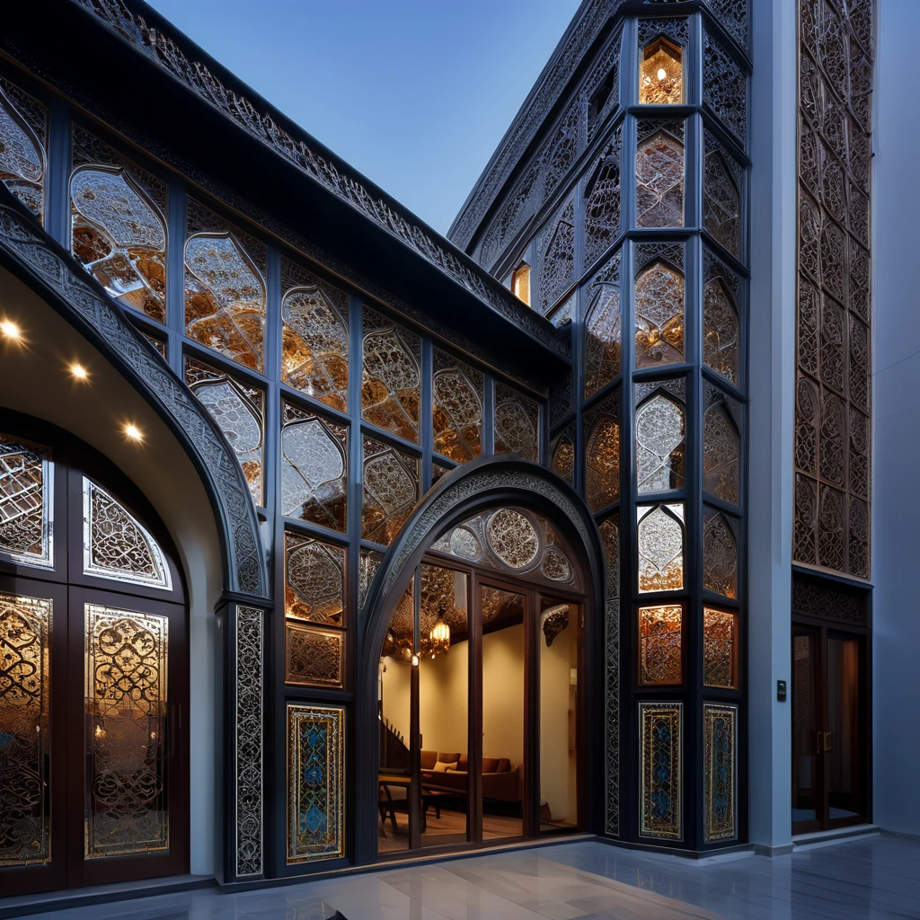 Glass-rich architecture、Arabesque pattern、Perspective angle、Super detailed photos