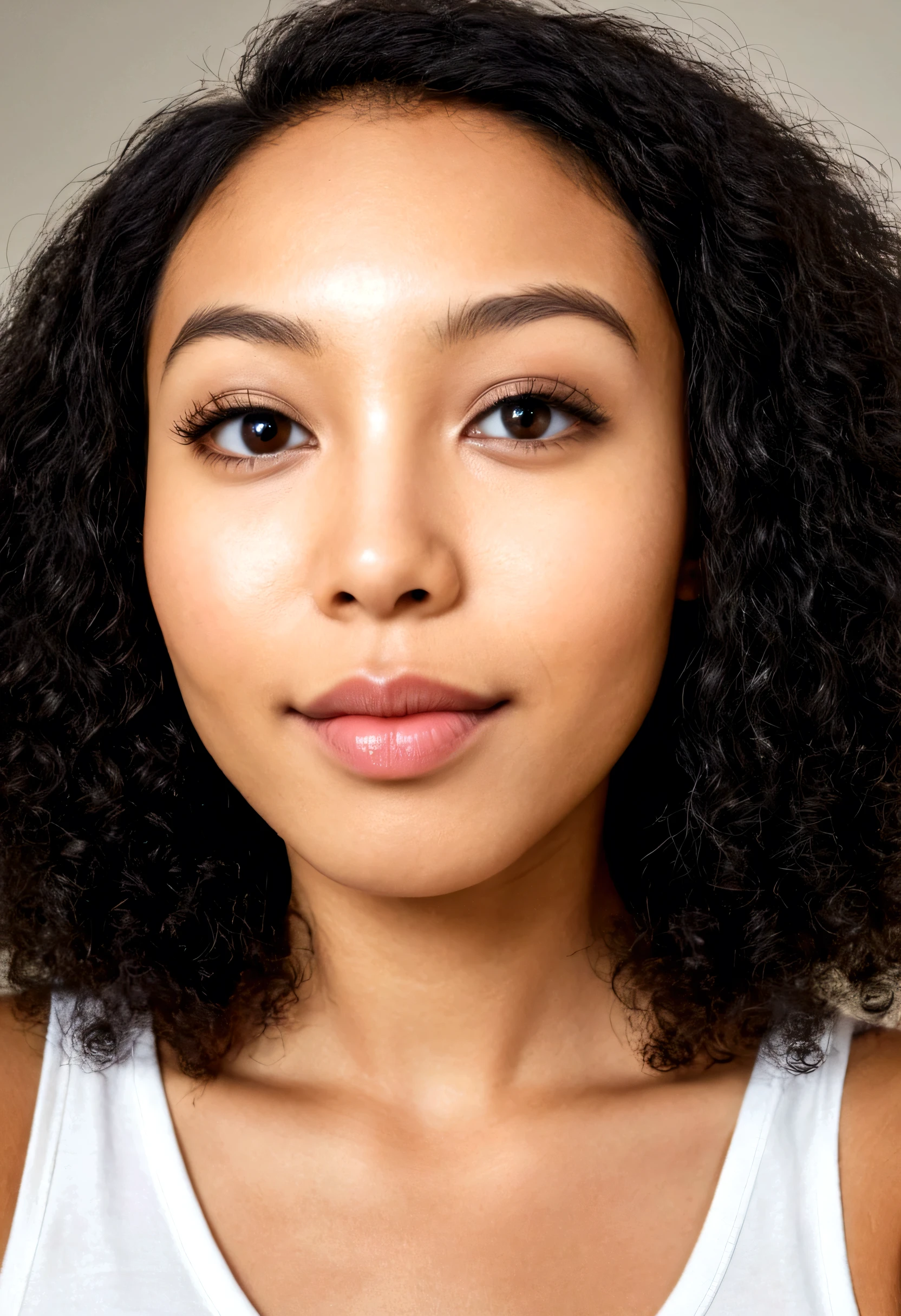 Create a selfie of a beautiful year 25 old girl of mixed black and japanese descent zoomed out. Affro hair