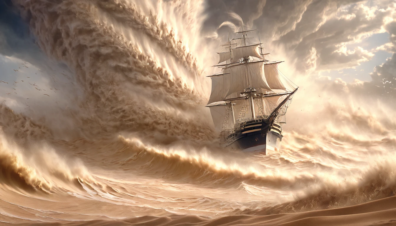 masterpiece, best quality, extremely detailed, hyperrealistic, photorealistic, sea, sand storm, sand tornado, strong wind, ship
