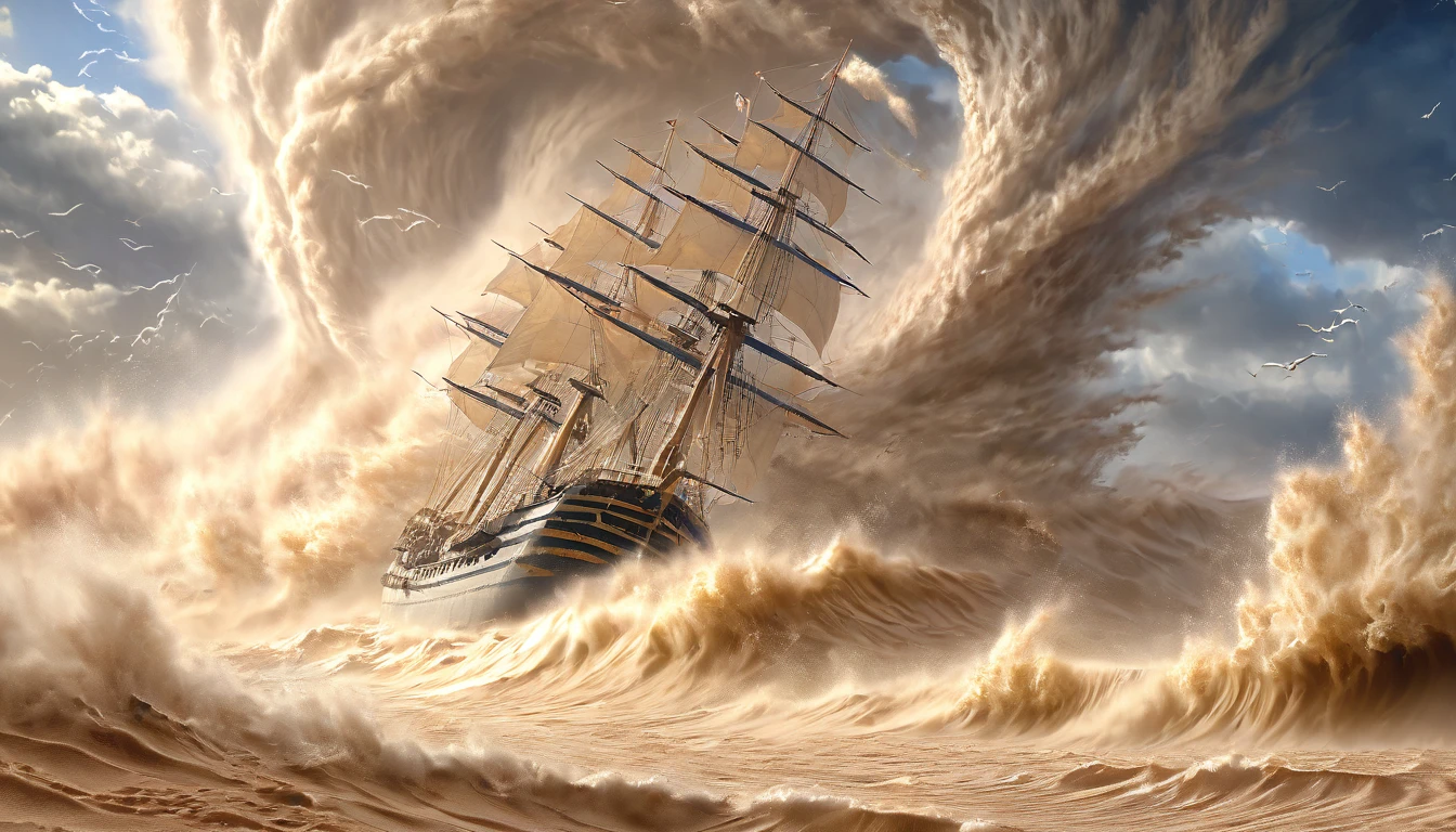 masterpiece, best quality, extremely detailed, hyperrealistic, photorealistic, sea, sand storm, sand tornado, strong wind, ship
