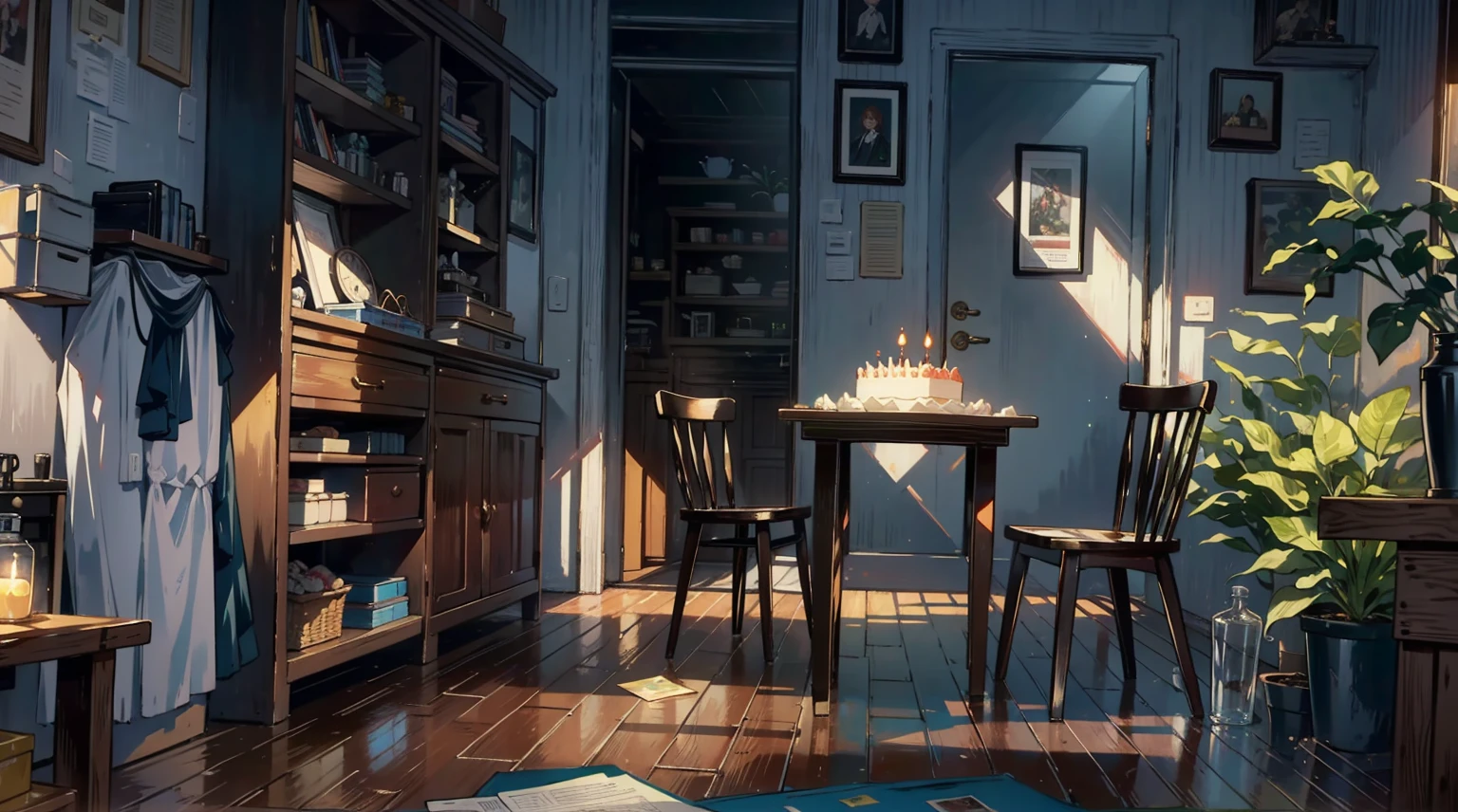 (best quality,masterpiece:1.2,detailed details,4k),A dim old apartment, a small birthday cake on an old wooden table, a modern apartment, an alarm clock on the wall, an anime scene,the wooden floor,