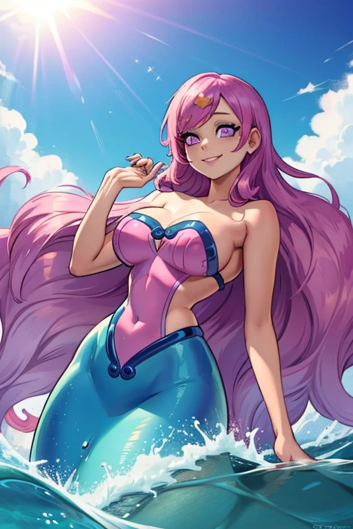 A pink haired female mermaid with violet eyes and an hourglass figure in violet shells and a pink mermaid tail is splashing in the waves with a big smile