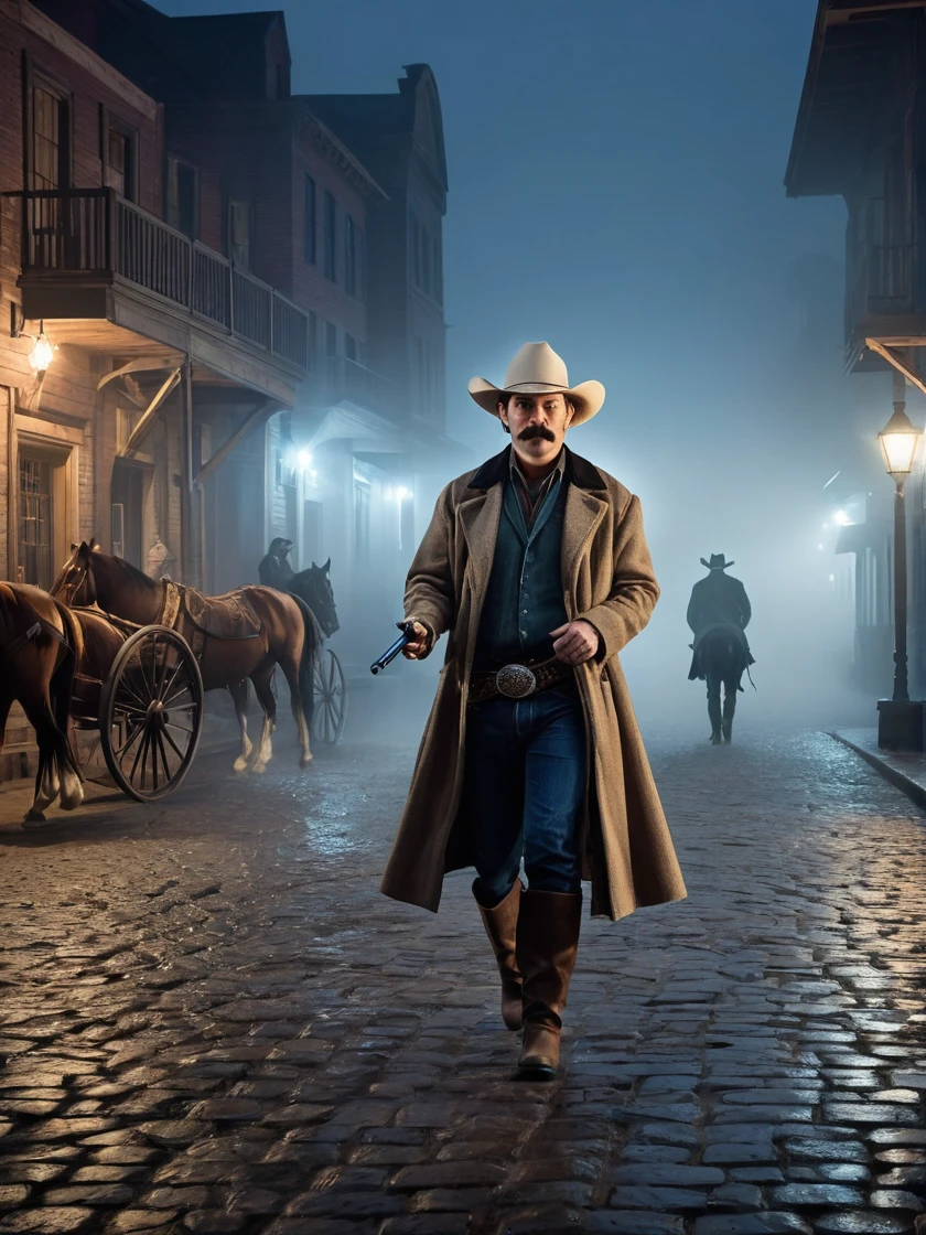 a man dressed like a cowboy, with a wide-brimmed beige cowboy hat and a fringed coat. He is sitting and extends his right hand forward, pointing directly at the camera. The man has a serious face and a thick white mustache.
In the background, the scene is slightly blurry, with bluish lighting that gives it a mysterious air. It is possible to see some figures of other cowboys on horses in the background, shrouded in fog. The floor appears to be cobblestone, and there are bright lights at the top of the image, suggesting that the scene takes place at night or in a low-light environment, perhaps on a street or square in an Old West town.
The overall atmosphere of the picture is dramatic and suspenseful, with a classic western feel.
