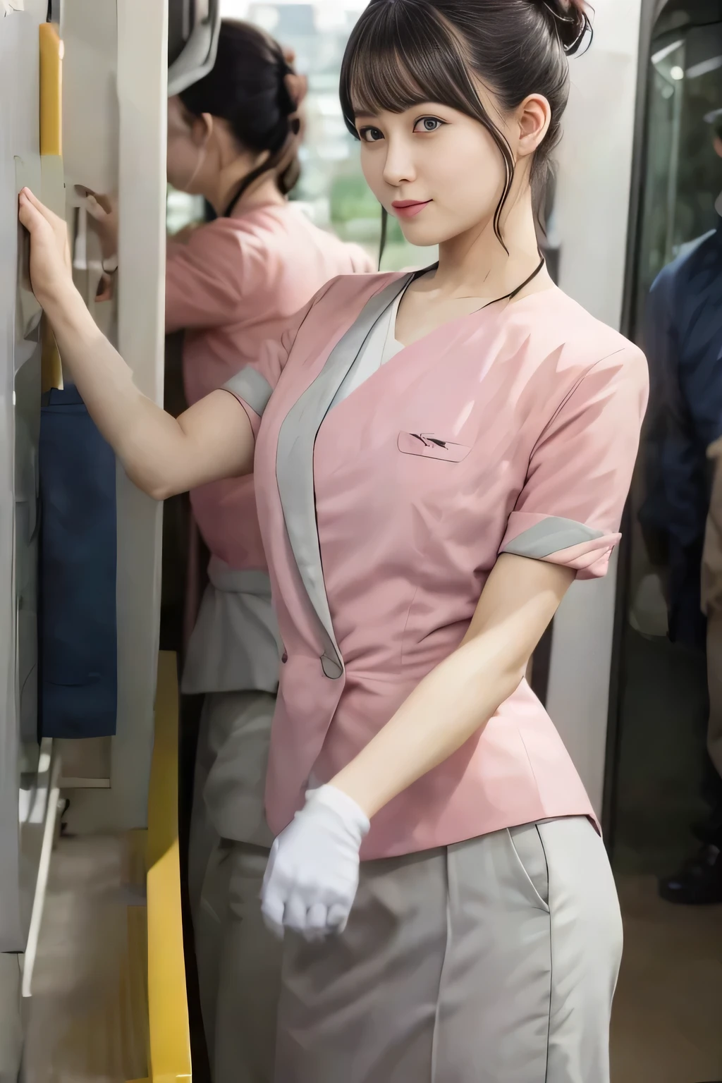(masterpiece:1.2, Highest quality:1.2), 32k HDR, High resolution, (alone、1 girl)、 (Height: 160cm)、(On the rooftop of a building in the daytime、Professional Lighting)、Building rooftop background、(Nankai train crew uniform pinkを着たリアルスタイル)、(Nankai train crew uniform pink short sleeve collarless pink jacket、Nankai Train Crew Uniform Pink Collarless Short Sleeve Blouse、Nankai Train Crew Uniform Pink Grey Knee-length Culottes)、(The pink jacket is showing from the culottes.)、Dark brown hair、(Hair tied up、Hair tied up、Evening curly hairstyle)、Dark brown hair、Long Shot、Big Breasts、Thin legs、((Great hands:2.0)),((Harmonious body proportions:1.5)),((Normal limbs:2.0)),((Normal finger:2.0)),((Delicate eyes:2.0)),((Normal eyes:2.0)))、smile、(Nankai Train Crew Uniform Pink Grey Knee-length Culottesを見せた美しい歩く姿)、Place your hands around your stomach、Lanyard employee ID card