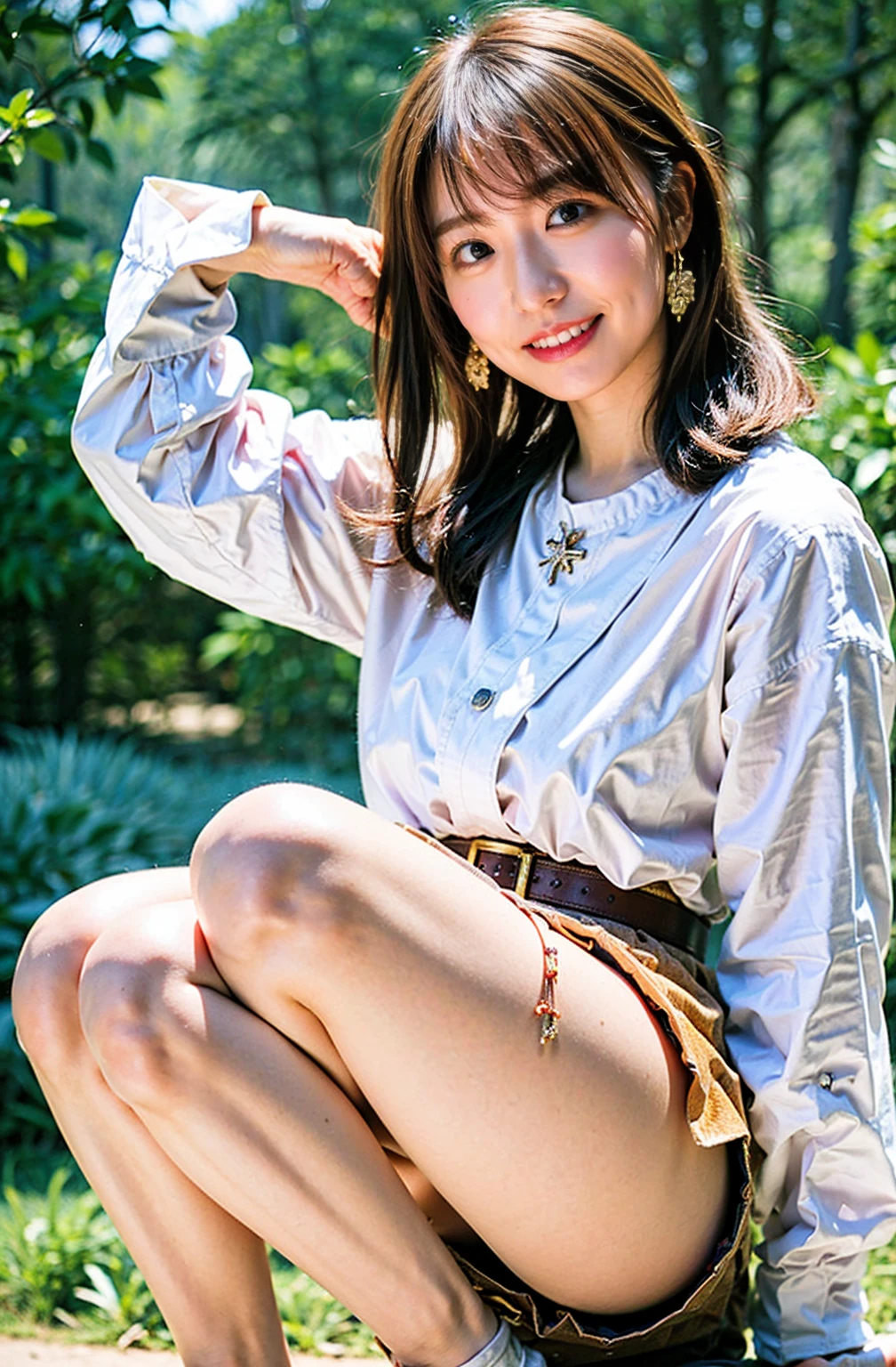 Drooping eyes（（Cream hair color、砂浜でsmileで撮影:1.4））、Sleeveless、Outdoor shots、Cute clothes、Cream hair color、Leather Belt、Her huge breasts are obvious even through her clothes..、Small earrings、Light brown hair color、:1.4））、Shiny Hair、Light beige hair color、Background Blur、Braid only the front hair、Light brown hair、｛｛Cowgirl Shot｝｝、（（Close-up shot from the waist up、Big Breasts:1.4））、Big Breasts、にっこりsmile、Silk clothing、服からでも分かるBig Breasts、Braid only the front hair、Cowboy Shot、A gorgeous white collared silk shirt and a brown skirt、Elegant attire、Luxury Bags、素敵なsmile、（（Revealing clothing））、Full body photo、ring、Short skirt、Tuck your hair behind one ear、Silver Necklace、smile、 Elegant ponytail、Caustics、Highly detailed photos、Very beautiful and ideal short hair、Big Breasts、Super no makeup、(8K、RAW Photos、Highest quality、masterpiece:1.2)、(Realistic、Realistic)、1 Girl、((Big Breastsショートヘア、Looking into the camera:1.4))、Hair blowing in the wind
