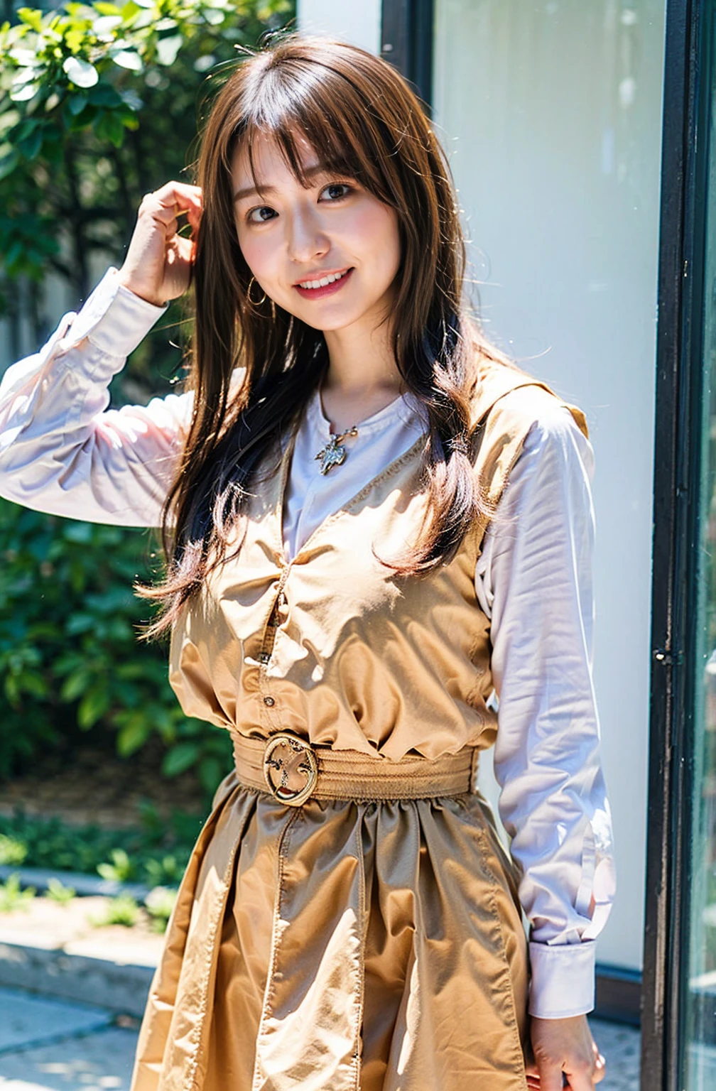 Drooping eyes（（Cream hair color、砂浜でsmileで撮影:1.4））、Sleeveless、Outdoor shots、Cute clothes、Cream hair color、Leather Belt、Her huge breasts are obvious even through her clothes..、Small earrings、Light brown hair color、:1.4））、Shiny Hair、Light beige hair color、Background Blur、Braid only the front hair、Light brown hair、｛｛Cowgirl Shot｝｝、（（Close-up shot from the waist up、Big Breasts:1.4））、Big Breasts、にっこりsmile、Silk clothing、服からでも分かるBig Breasts、Braid only the front hair、Cowboy Shot、A gorgeous white collared silk shirt and a brown skirt、Elegant attire、Luxury Bags、素敵なsmile、（（Revealing clothing））、Full body photo、ring、Short skirt、Tuck your hair behind one ear、Silver Necklace、smile、 Elegant ponytail、Caustics、Highly detailed photos、Very beautiful and ideal short hair、Big Breasts、Super no makeup、(8K、RAW Photos、Highest quality、masterpiece:1.2)、(Realistic、Realistic)、1 Girl、((Big Breastsショートヘア、Looking into the camera:1.4))、Hair blowing in the wind
