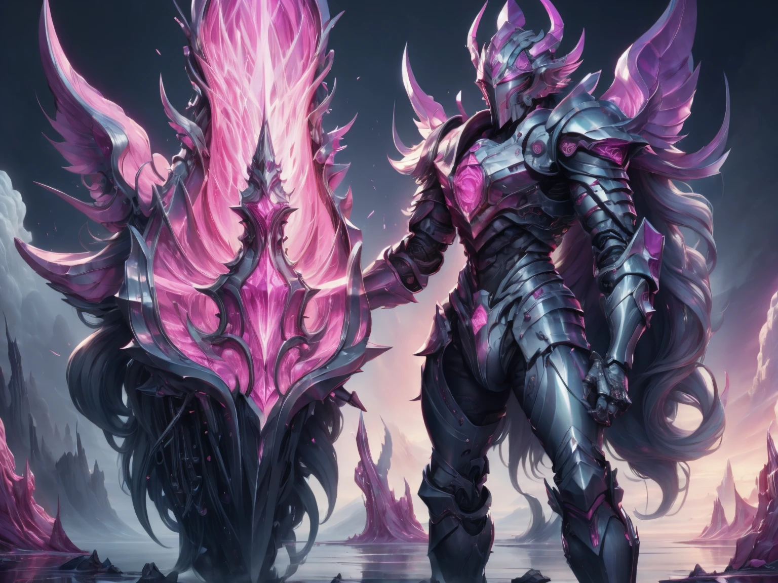 ((Best Quality)), ((Masterpiece)), ((Photorealistic Digital Art)), (Ultra Detailed),DonMR0s30rd3r Mythological Landscape Hiking Trail, Pink Valley, Dawn, Swamp Birds, Octane Rendering, Ray Tracing, Volumetric Lighting, Backlighting, Rim Lighting, Blue Land, 8K, HDR, Masterpiece, Best Quality, 4k, Masterpiece, Best Quality, 4k, (Masterpiece: 1.5), (Best Quality: 1.5), 8k, wallpaper, full body, ethereal lighting, sharp focus, muscular male dark fantasy knight wearing elaborate baroque black armor with purple decorations and purple glowing lines, with large horns on his helmet, holding a huge purple sword in his hands, with an angel statue behind him, town hall background, HD, clear, ultra detailed, vivid, realistic, accurate, hard lighting, brightness, contrast, realistic shadows, reflections and subtle textures.