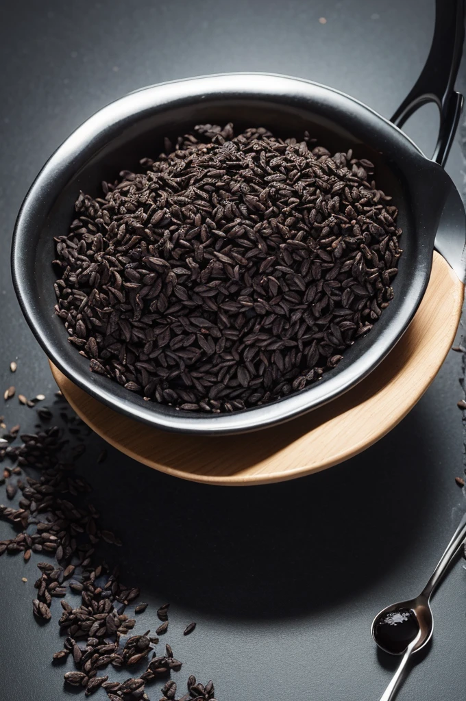 I want to design a product packaging box，The box is black，Dark texture gives a high-end look，Black Ginseng，black truffle，Black rice，black sesame seeds，Black goji berries，Black Dates，Black mulberry，The seven ingredients are arranged in the shape of a spoon of the Big Dippenally condensed into a drop of essence，Drop it into a gossip bowl