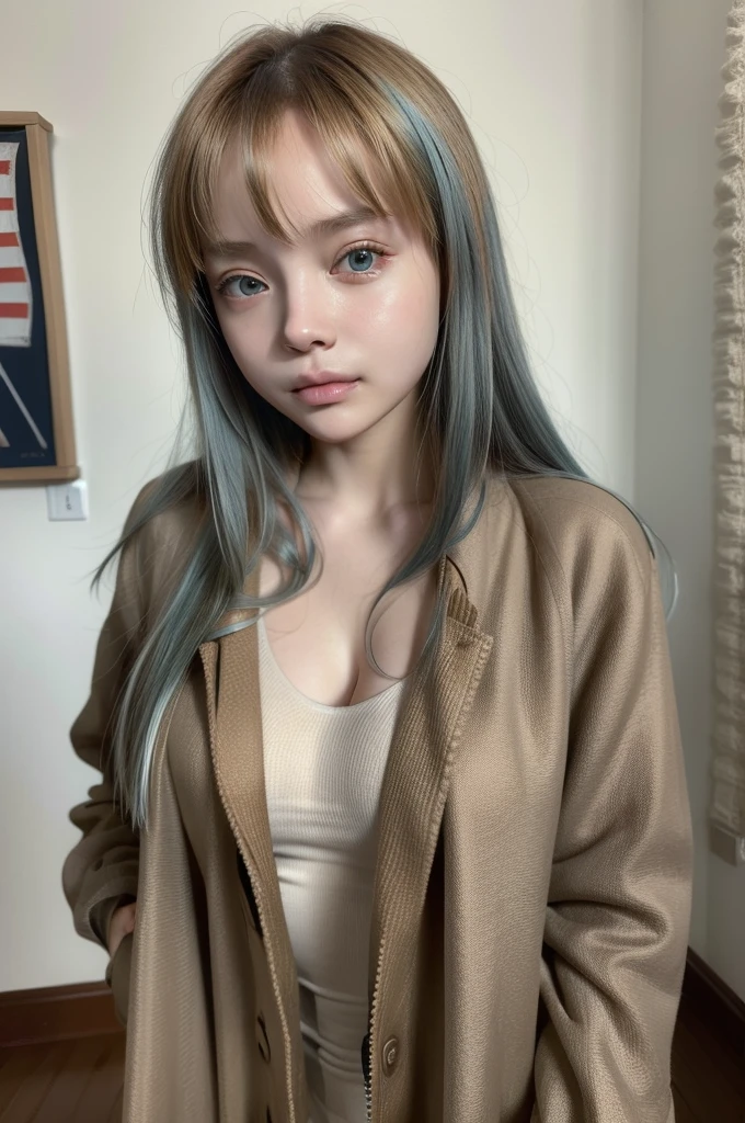 A futuristic world,A perfect illustration of Artificial Intelligence,After 5143, 8K, extremely detaild , perfect，hyper-detailed face， de 16 anos，Eight-headed body，Silky light blue hair，Bitgirl，Background to the near future，During night combat，ssmile，Dress Type，((Wear a khaki military jacket,Troop jacket with Japanese flag emblems))、Full ar、(((The world of Bladenanner)))、ruins