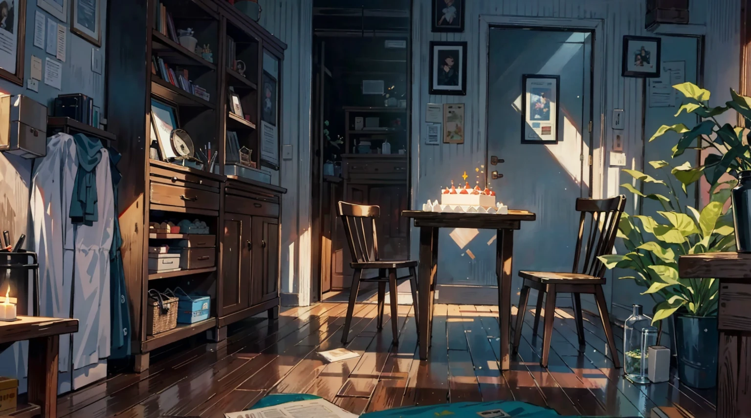 (best quality,masterpiece:1.2,detailed details,4k),A dim old apartment, a small birthday cake on an old wooden table, a modern apartment, an alarm clock on the wall, an anime scene,the wooden floor,