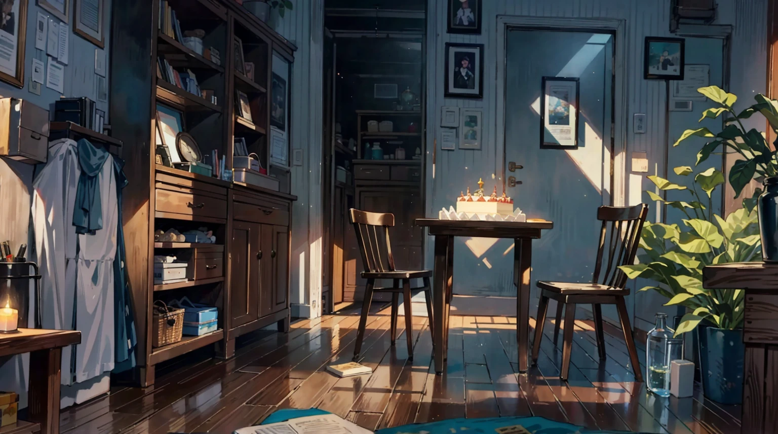 (best quality,masterpiece:1.2,detailed details,4k),A dim old apartment, a small birthday cake on an old wooden table, a modern apartment, an alarm clock on the wall, an anime scene,the wooden floor,