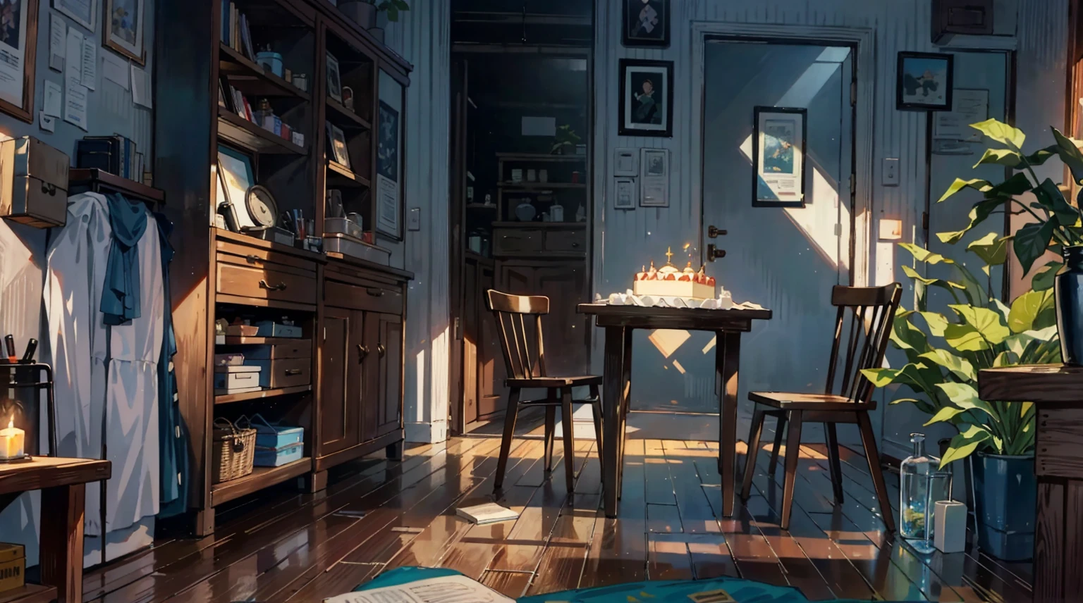 （best quality，masterpiece：1.2，detailed details，4k），A dim old apartment, a small birthday cake on an old wooden table, a modern apartment, an alarm clock on the wall, an anime scene,the wooden floor, 