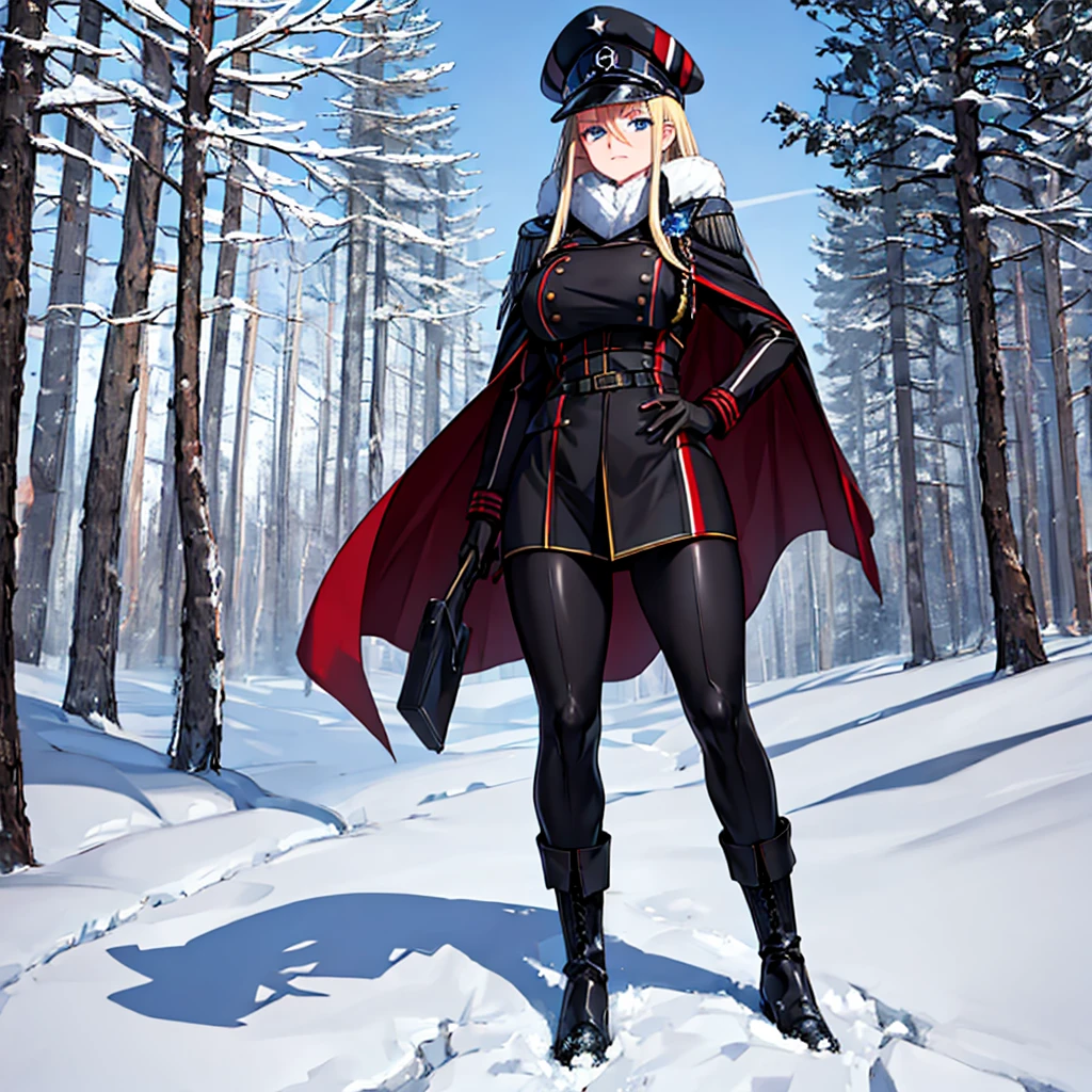 A woman wearing a cold military uniform, black uniform with red details, cold fur cape, long black cape, military boots, big breasts, blue eyes, long blonde hair, black military hat, walking at the high point of a traditional German town , winter weather, snow-covered place, full body,.HDR, ultra resolution, well defined, masterpiece, 8K HD. (solo woman)
