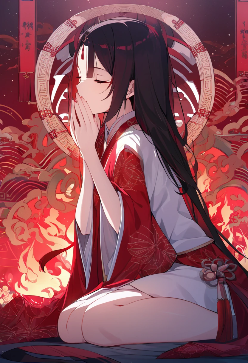 A serene Chinese ancient beauty kneels on a crimson backdrop, her hands pressed together in reverence as she whispers prayers to the heavens. Eyes shut in contemplation, her solemn yet breathtakingly lovely face reflects a deep sense of devotion. The fiery red hue surrounding her amplifies the intensity of her spiritual connection.