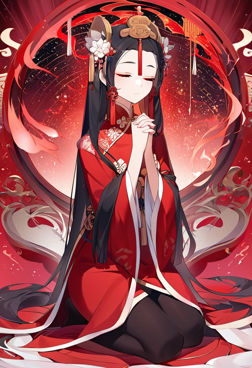 A serene Chinese ancient beauty kneels on a crimson backdrop, her hands pressed together in reverence as she whispers prayers to the heavens. Eyes shut in contemplation, her solemn yet breathtakingly lovely face reflects a deep sense of devotion. The fiery red hue surrounding her amplifies the intensity of her spiritual connection.