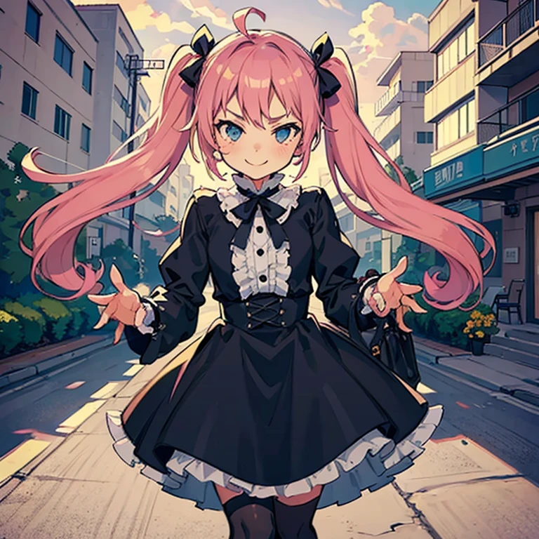 Girl with pink hair, long twin-tail hairstyle, small bushy eyebrows, wearing gothic ****ta clothing, ****con (Zankuro) drawing style by zankuro artist, Zancrow style, image uploaded to R34, walking to school, flirty smile, watching a girl suddenly having sex in public