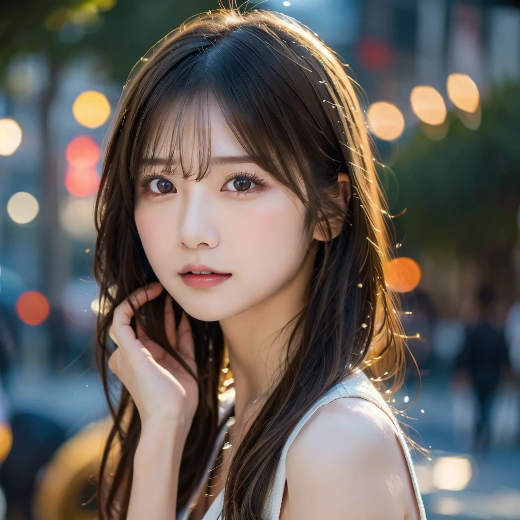 (RAW Photo, Best Quality), (Realistic, Photo Realistic: 1.3), Best Quality, Highly Detailed, Masterpiece, Ultra Detailed, 1 Girl, upper_body, Dynamic Angle, Extremely Detailed CG Unified 8k Wallpaper, Ink, Amazing, Movie upper_body, under_body, World Mastery Theater, messy_long_hair, Best Quality, Extremely Detailed CG Unified 8k Wallpaper, Ink, Amazing, Movie Lights, lens_flare, Detailed Face, (Deliberate expression: 1.5), sony master shot, woman posing for photo in front of tv, hi-res screenshot, nicovideo, normal hands, nice studio lighting, vhs screenshot, beautiful fine face black hair,japanese girl,age20,singer, popstar, stage ,stage lightining, microphone, dance, white-idol costume,cool beauty,