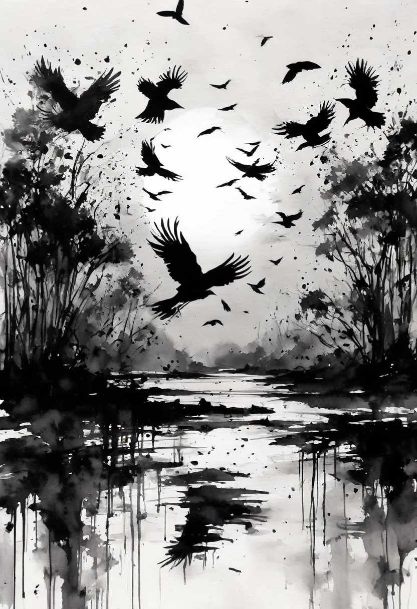 Ink painting,Black and white painting,8K,Sunset,(Crows from the splash:1.2),