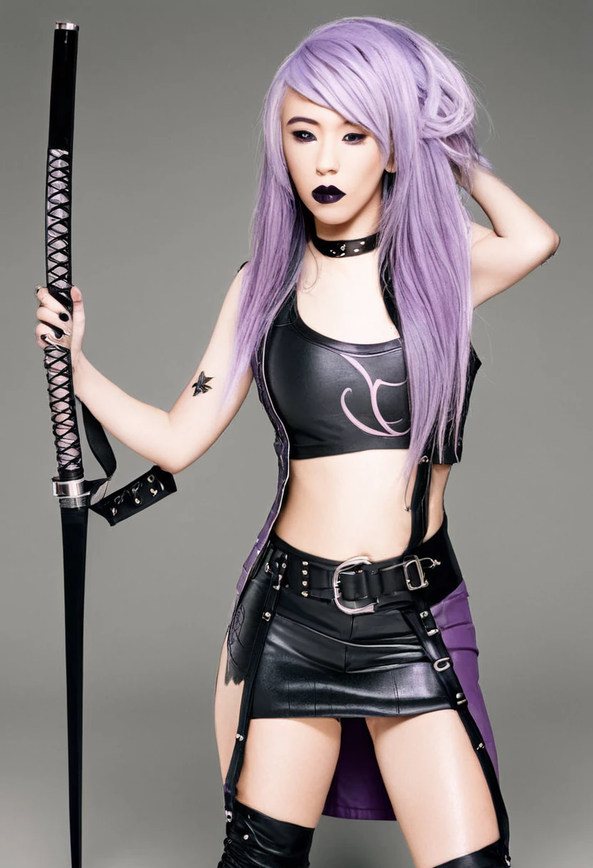 rating_explicit, beautyful woman, gothic, woman, black lipstick, tattoos in whole body, slim body, sexy ninja lilac vest, slender body, long hair, lilac vest, lilac sidecut hair, lilac hair, sidecut hair, holding katana
