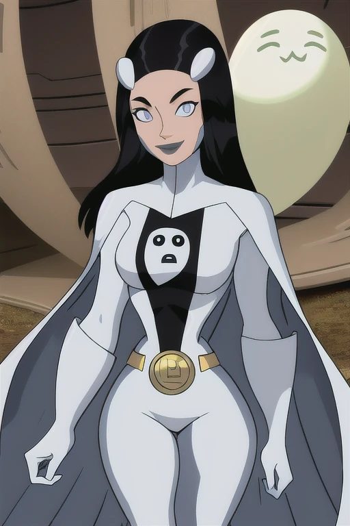 8k,highres,absurdres,masterpiece,best quality,original,extremely detailed CG,extremely detailed wallpaper,perfect, Phantom girl, Tinya Wazzo, solo, girl1, long black hair, bodysuit. grey eyes, smile, ghost logo, grey lips, belt, white cape, white gloves, best quality, masterpiece, cowboy shot, park, forest