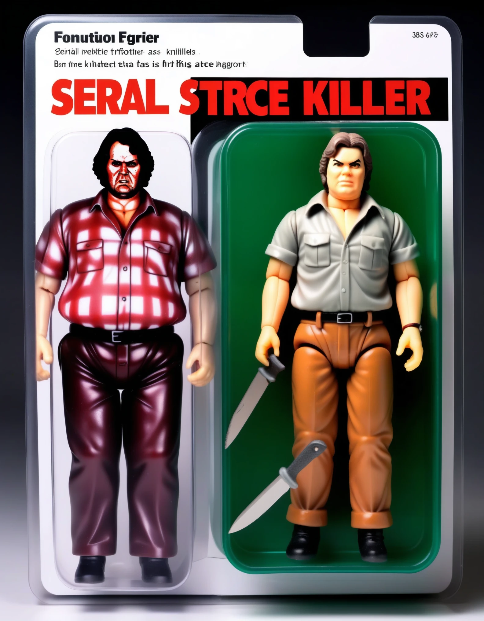 An action figure of serial killer in a plastic box, resembling a photograph. The fat figure is in a Excitement in standing with a srmy knife, wearing shirts and pants, The packaging displays fat serial killer's dynamic in-killing moments and his signature interpretation,