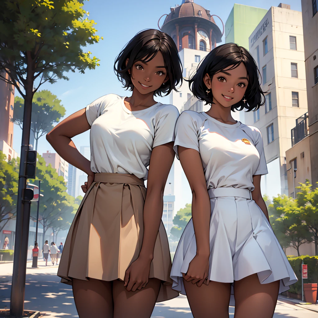 2 girls, Short black hair, Brown eyes,Brown Skin, Wearing a plain white shirt, Wearing a short skirt, Park Background, Absurd, High resolution, Super sharp, 8K, masterpiece, View your viewers, smile,