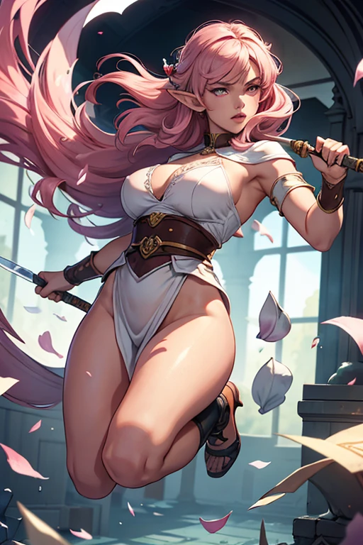 (Artwork),(best quality:1.1),(ultra-detailed),best illustration,fine details,(portrait:1.1),(intense FULL BODY close-up),watercolor drawing)floating,1 elf girl, Alone, 18 years old, voluptuous, (extremely delicate and beautiful face), (detailed pink eyes), thick pink lips, (disheveled hair) female elf, huge breasts, (wearing a short white tunic), soft and lazy, (simple background :1.2) full colored background, closeup of full body holding a sharp sword with a look of fury jumping from a window, second floor, scattered pieces of glass, detail on facial expression and pieces of glass in the air, action scene,, of course .4K