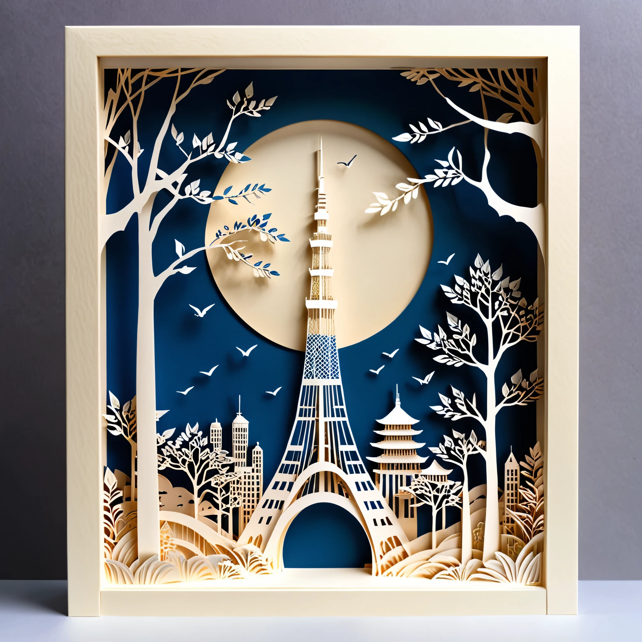 Create a detailed illustration of Tokyo Skytree crafted from paper cutting. The Skytree should be intricately designed with fine, precise cuts to showcase its iconic structure. The paper should have a crisp, clean look with sharp edges and detailed patterns to highlight the architectural elements. Use soft, natural lighting to enhance the textures and shadows created by the paper cuts. The background can be simple, with a subtle gradient or plain color, to keep the focus on the paper-cut Skytree. The overall atmosphere should be delicate and artistic, capturing the craftsmanship and beauty of paper art