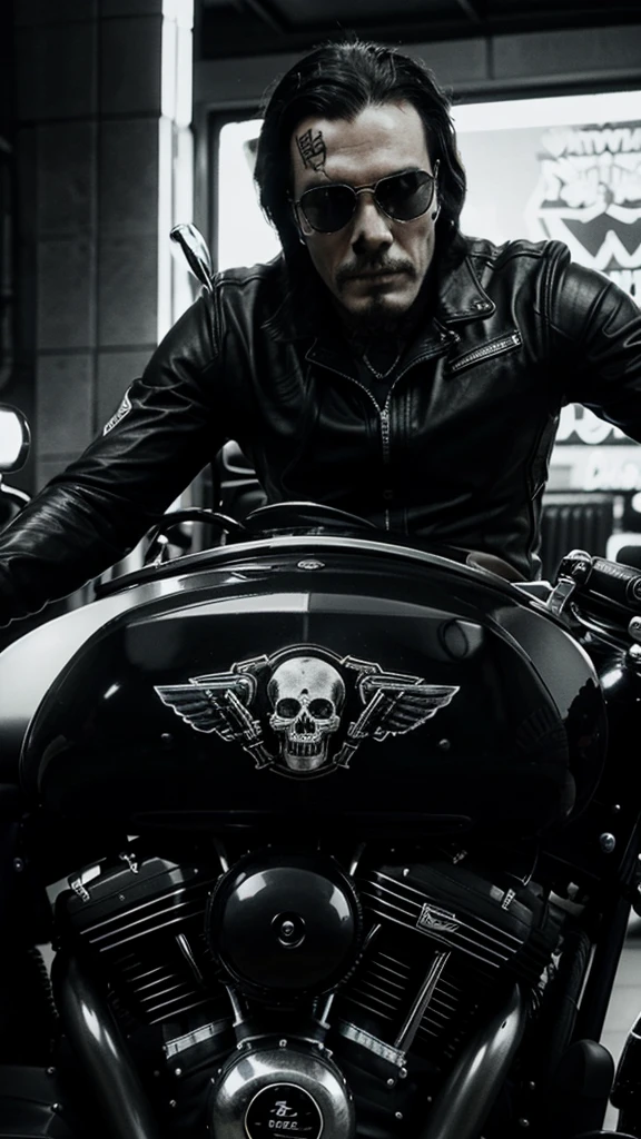 Drawing of a Harley Davidson motorcycle being ridden by a man with a skull head. Black and white design for ultra realistic tattoo