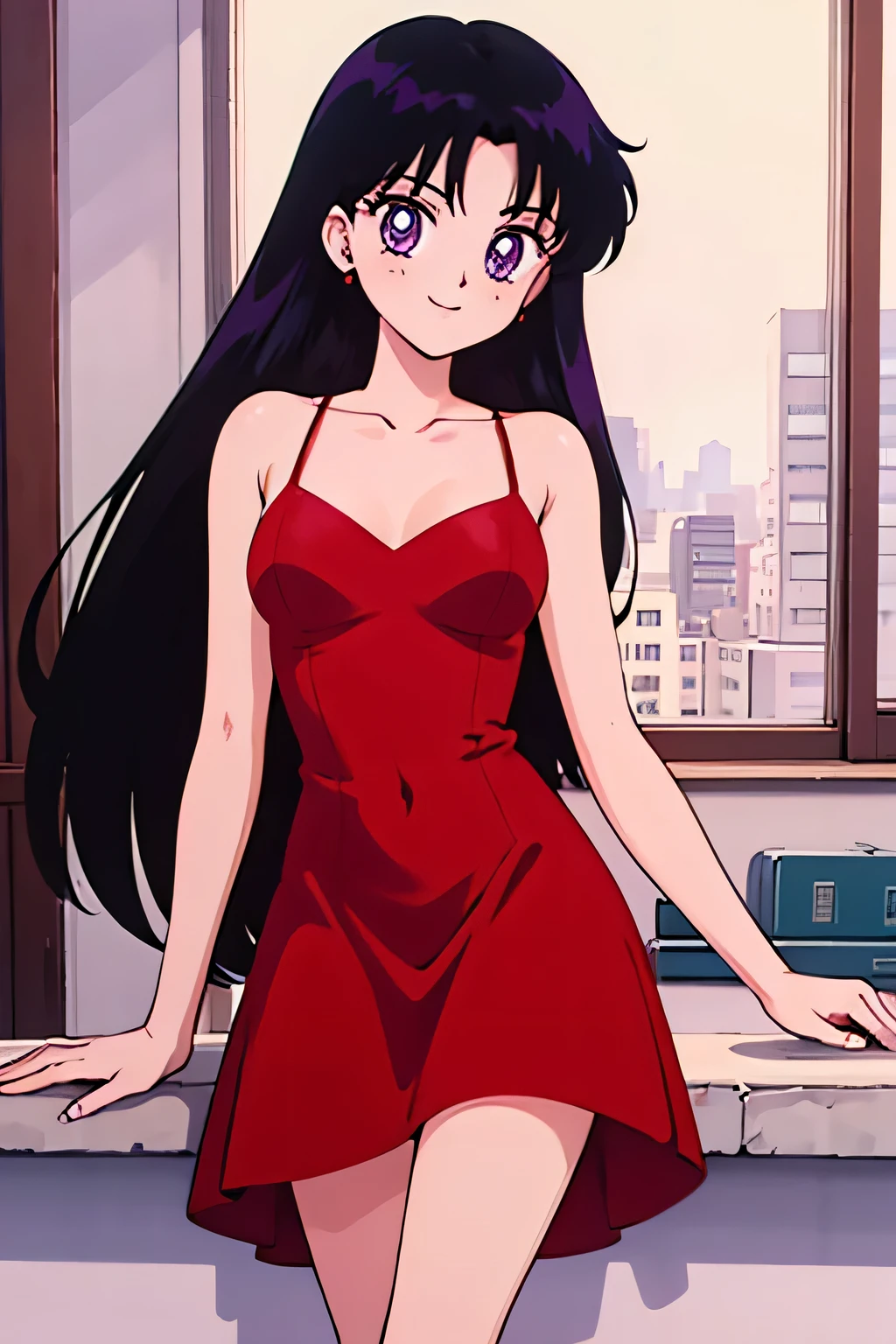 1 girl, solo, Rei Hino, very long hair, black hair, parted bangs, purple eyes, 1990s \(style\), Best quality, masterpiece, High Definition, red dress, taut dress, spaghetti strap red dress, sleeveless, dancing in the street at night, candle lights on the windowsill, cowboy shot, medium breast, smile,