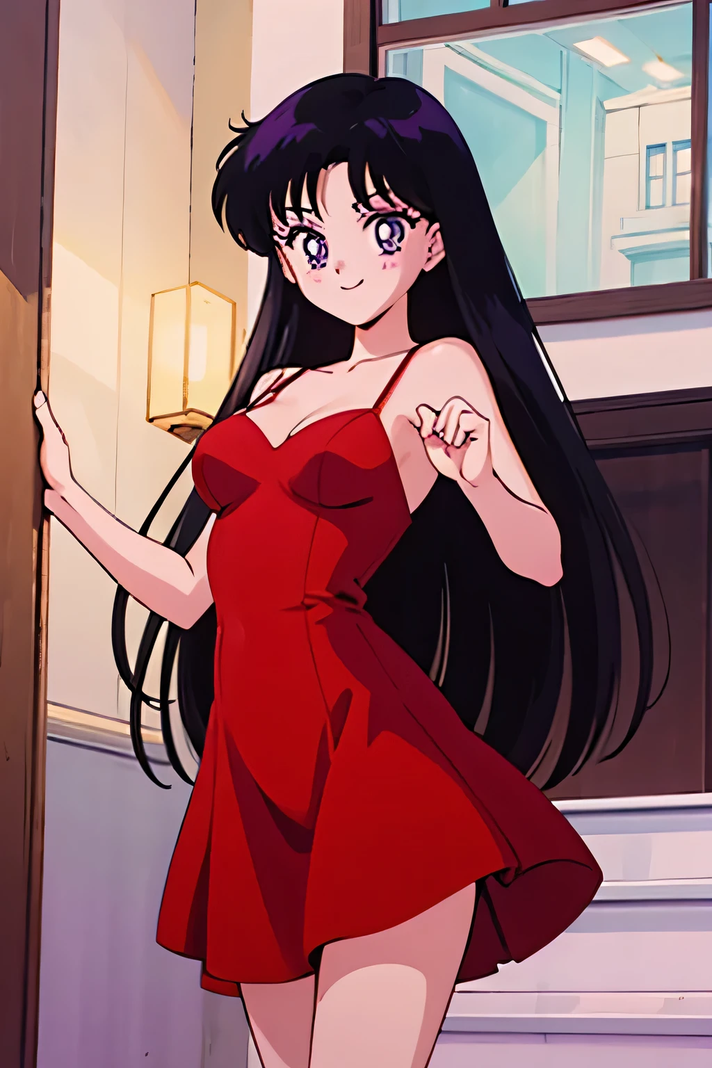 1 girl, solo, Rei Hino, very long hair, black hair, parted bangs, purple eyes, 1990s \(style\), Best quality, masterpiece, High Definition, red dress, taut dress, spaghetti strap red dress, sleeveless, dancing in the street at night, candle lights on the windowsill, cowboy shot, medium breast, smile,