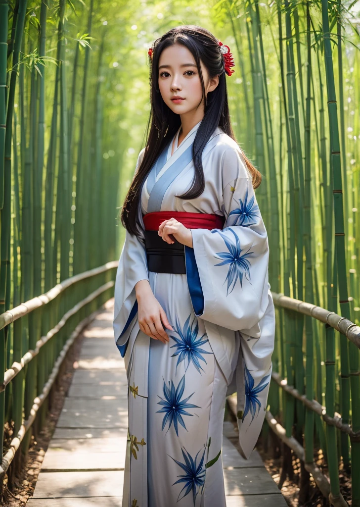 (Realistic, photo-Realistic:1.37),(8K, RAW Photos, Highest quality, masterpiece:1.2), cute, Ultra-detailed, 超High resolution, Kodak Vision Color, Filmed with an Arricam LT camera,Highest quality, Lively, 8K, High resolution, 1 girl, Escape, (Professional Lighting), (Portraiture:0.6), Black Hair, (Medium Hair),21 years old、slender、Long Hair, Modern photography, In the bamboo grove、bamboo forest、Twelve-layered kimono、Princess Kaguya、Japan classics、Wearing twelve layers of clothing、