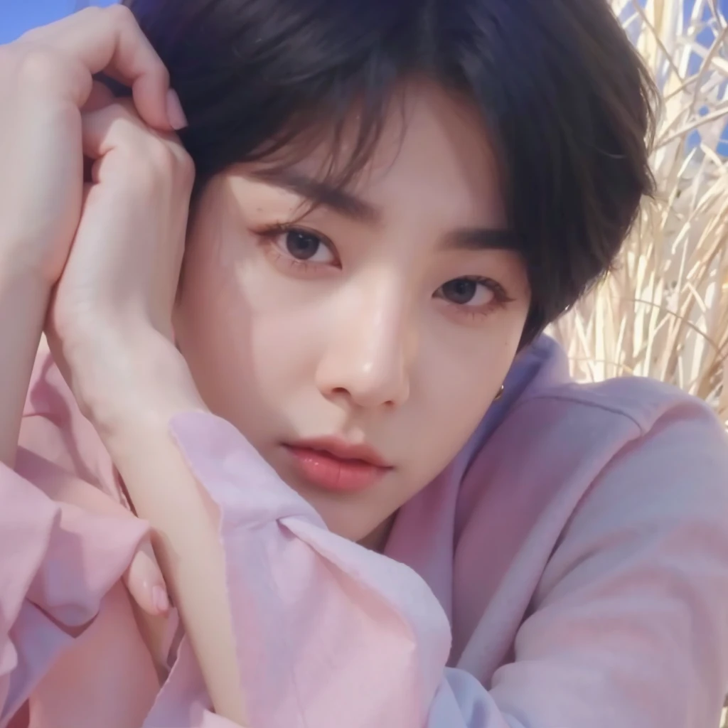 Kpop boy, Jeon Jungkook, smooth skin, big eyes, beautiful lips.