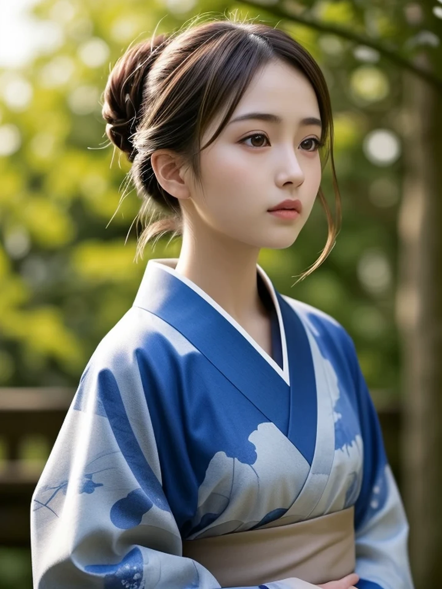 1 Japanese girl, (looking away:1.4), (upper body shot:1.2), Beautifully detailed eyeballs, catchlight in the eyes, Realistic digital painting of a woman portrait, Shy, Cute, open mouth to say something, sad, brown eyes, (half updo,:1.1), (light brown brunette hair:1.3), (Highly detailed skin:1.2), Mystical style, Global Illumination, Traditional Japanese floral printed Kimono, A silk kimono with a deep indigo base.