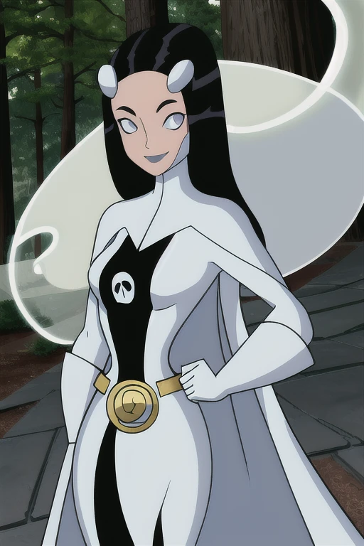 8k,highres,absurdres,masterpiece,best quality,original,extremely detailed CG,extremely detailed wallpaper,perfect, Phantom girl, Tinya Wazzo, solo, girl1, long black hair, bodysuit. grey eyes, smile, ghost logo, grey lips, belt, white cape, cape blowing her body, white gloves, best quality, masterpiece, cowboy shot, park, forest