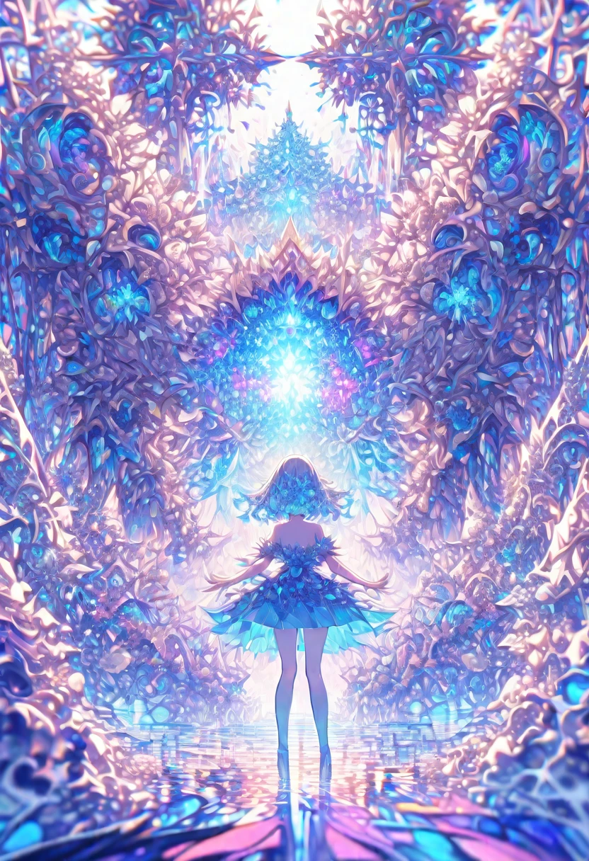 ((masterpiece)), (anime:1.3), ((Highest quality)), (Abstract art:1.5), (High resolution), (pale colour), Wide Shot, (Fractal structure:1.5), , landscape, (beautiful), (Biological atmosphere), deep sea, (pretty girl), beautiful白い髪, transparent Glass ice mirror Blue rose water晶 透き通っている water prism