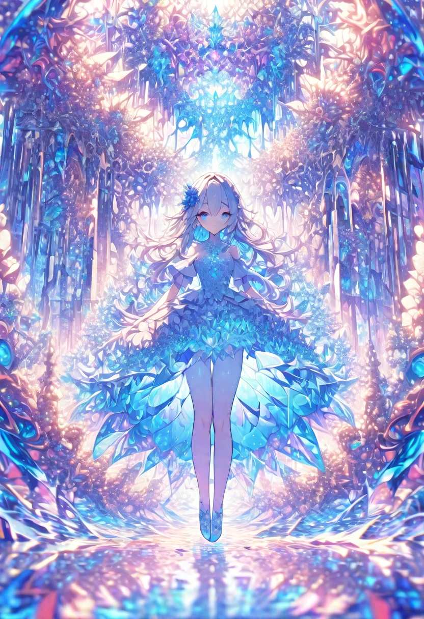 ((masterpiece)), (anime:1.3), ((Highest quality)), (Abstract art:1.5), (High resolution), (pale colour), Wide Shot, (Fractal structure:1.5), , landscape, (beautiful), (Biological atmosphere), deep sea, (pretty girl), beautiful白い髪, transparent Glass ice mirror Blue rose water晶 透き通っている water prism