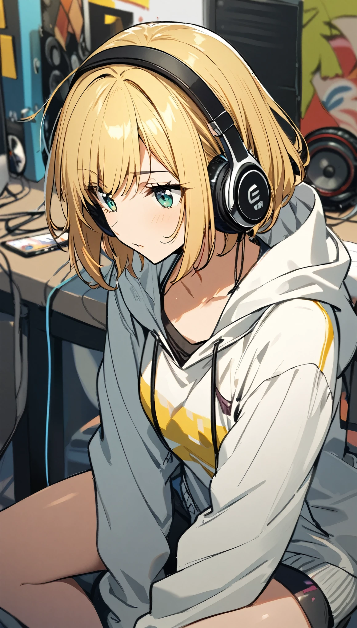 1girl, blond hair, short hair, headphone, hoodie