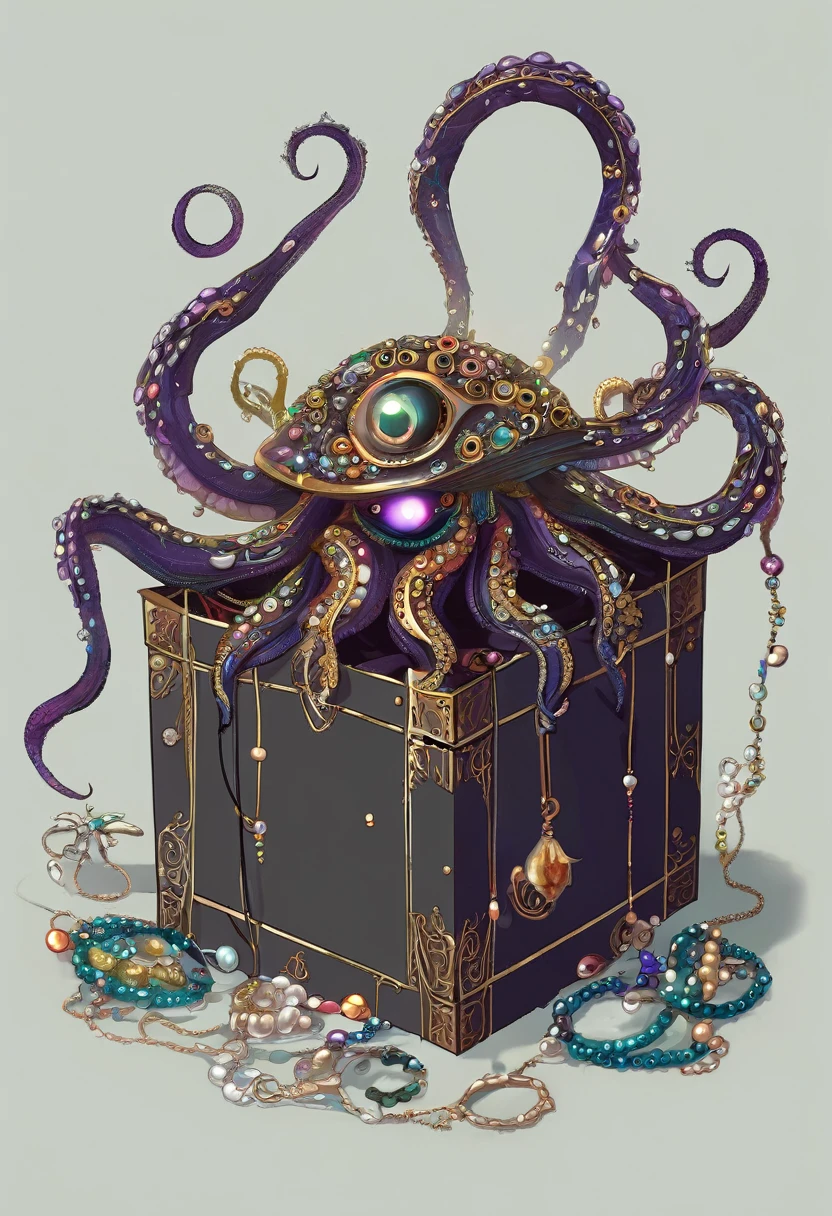 Strange box monster,A big eye,Long tentacles,Scattered jewelry