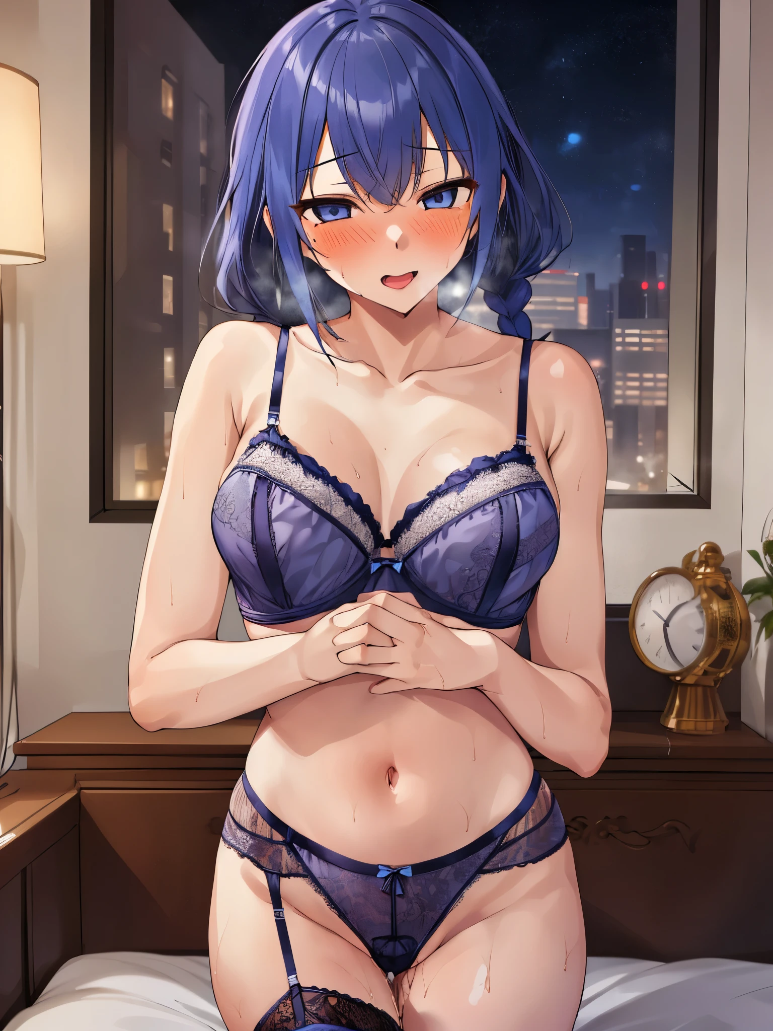NSFW,(One girl:1.5),(Roxy Migurdia)、blue eyes、Blue Hair、bangs、Small breasts、Braid,(Perfect hands),(Perfect Anatomy),(masterpiece),(Highest quality),Embarrassed,blush,(High-quality sexy lingerie:1.5),Bedroom at night,Luxurious Room
