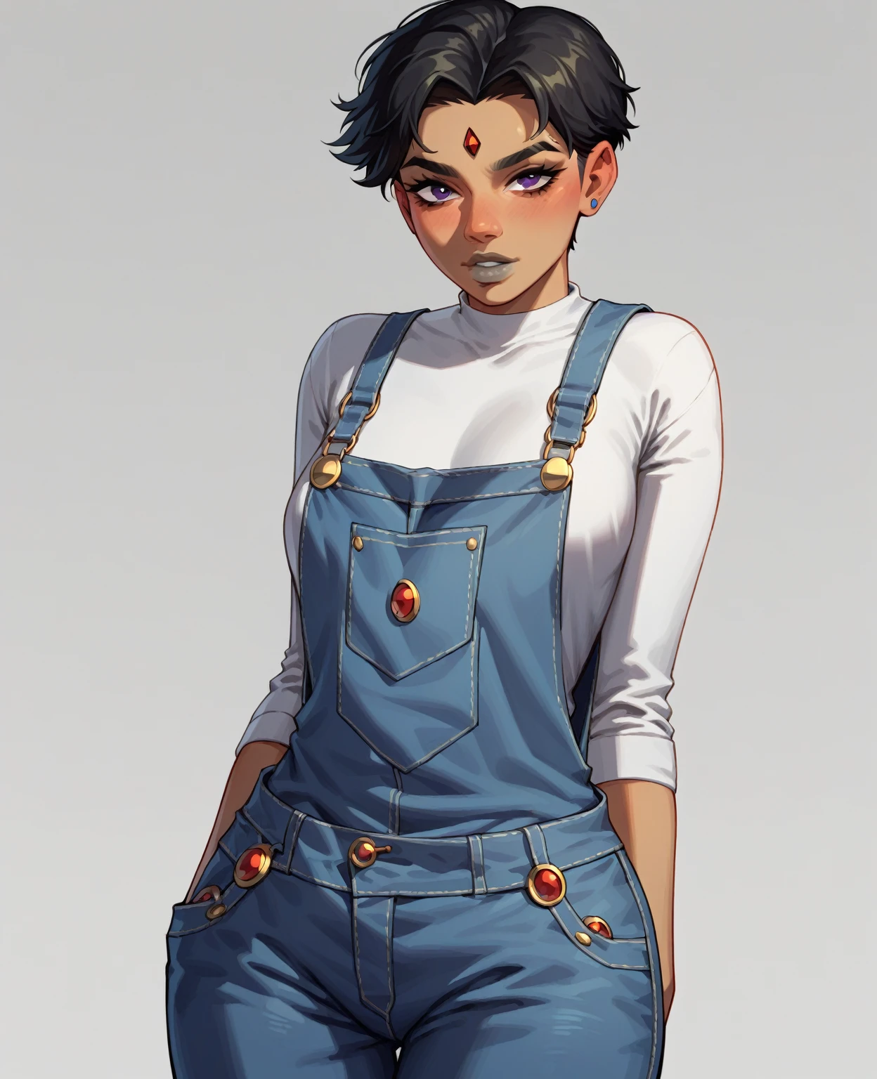  source_anime, 2d, 1girl, looking at viewer, starblack \ (teen titans\), overalls