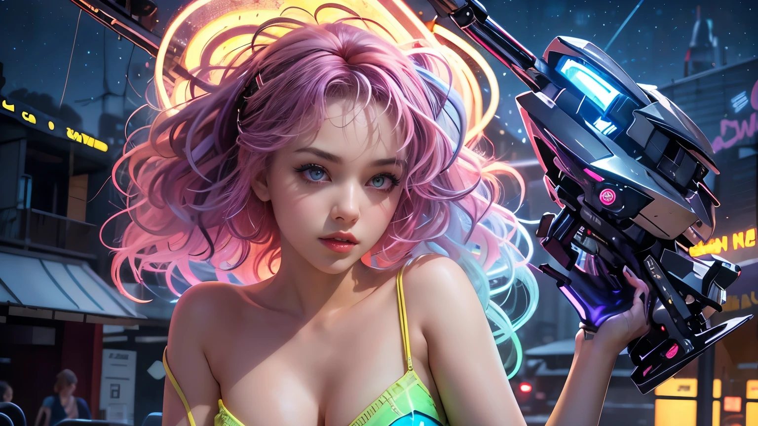 (masterpiece), (best quality), (high res) Solo, (perfect anatomy young girl (10 years old), fair skin, pink hair (shoulder length), green eyes, (skin tight white latex bikini), (half naked), (blue high heels boots), smiling, flat chest in a futuristic space setting with a green light, cyberpunk, cyber suit, best anime 4k, cybersuits
