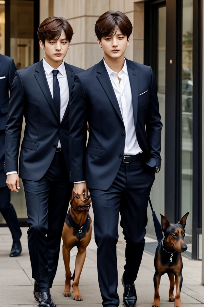 Jeon Jungkook in a suit with his dog, a French Doberman 