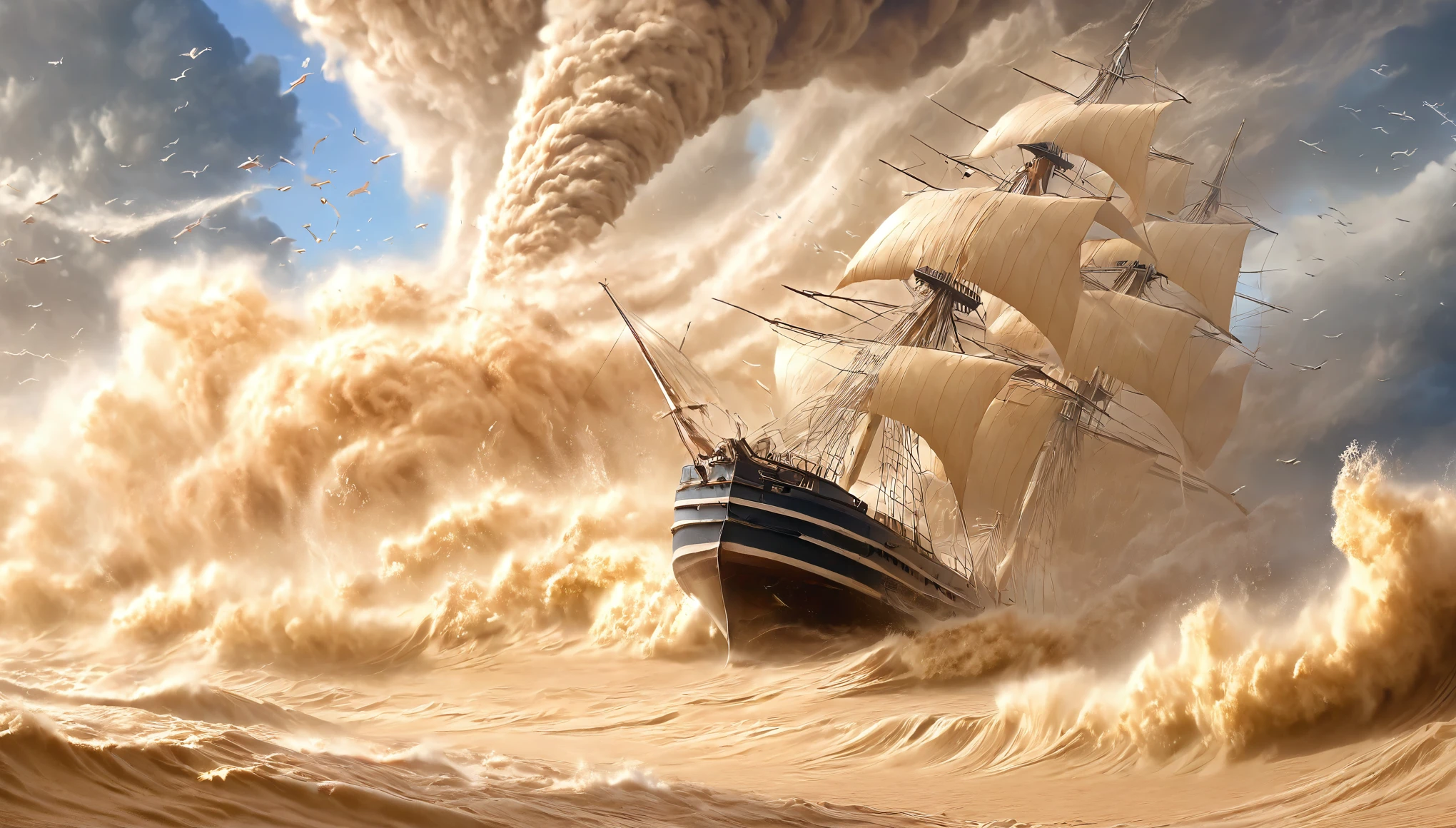masterpiece, best quality, extremely detailed, hyperrealistic, photorealistic, sea, sand storm, sand tornado, strong wind, ship