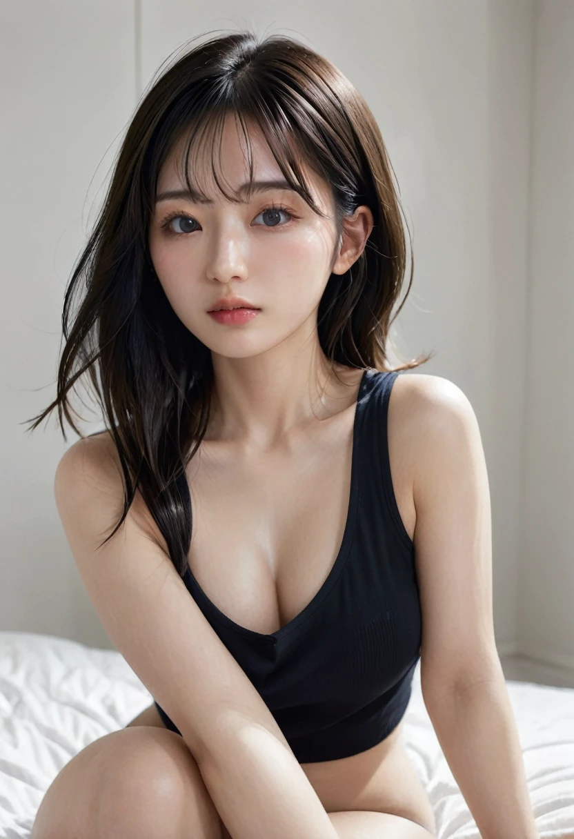 photorealistic, Photography ,BREAK, short hair woman, sitting on the bed , taking a (selfie:1.5), (black T-shirts), in bedroom , white background, (short hair), BREAK, 8k , LAW , best-quality, masterpiece, hyper realistic detail shiny skin , natural shading , realistic shadow, BREAK (hyper realistic detail shiny skin, detailed skin, detailed hair, ultra sharpness, intricate details), perfect anatomy