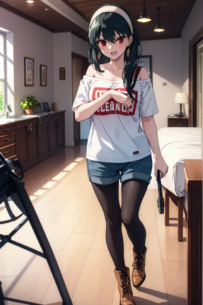 Yorbraia, Yor Briar, Black Hair, (Red eyes:1.5), Earrings, gold hair band, hair band, Long Hair,  (Medium chest:1.2), happy smile, smile, Open your mouth,Oversized one-shoulder t-shirt,Shorts,Black pantyhose,short boots,,whole bodyがイラストに入るように,Walking,food, drink, Tables and chairs, cleaning, tray, tray in one hand
break indoors,room,living,
break looking at viewer, whole body,
break (masterpiece:1.2), Highest quality, High resolution, unity 8k wallpaper, (figure:0.8), (Beautiful attention to detail:1.6), Highly detailed face, Perfect lighting, Highly detailed CG, (Perfect hands, Perfect Anatomy),