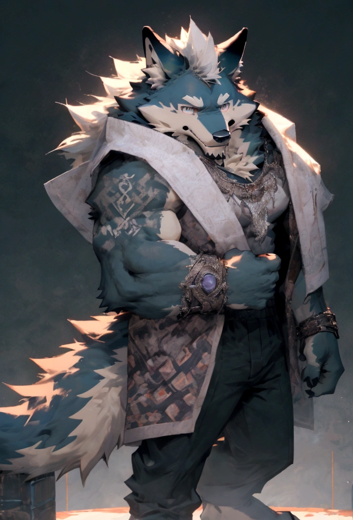 4K, high resolution, best qualityer, perfect colors, perfectly shadowed, perfect lighting,velues, anthropo, velues art, male wolf, gray wolf, (two tone skin), hairy bodies, purples eyes, (seducing gaze), shapely body, perfect male figure, Wear men's boxing pants,Abdomen，musculature, skin detailed, face detailed, face perfect, detailed back ground, wolf tail, (detailedeyes), perfect pupils