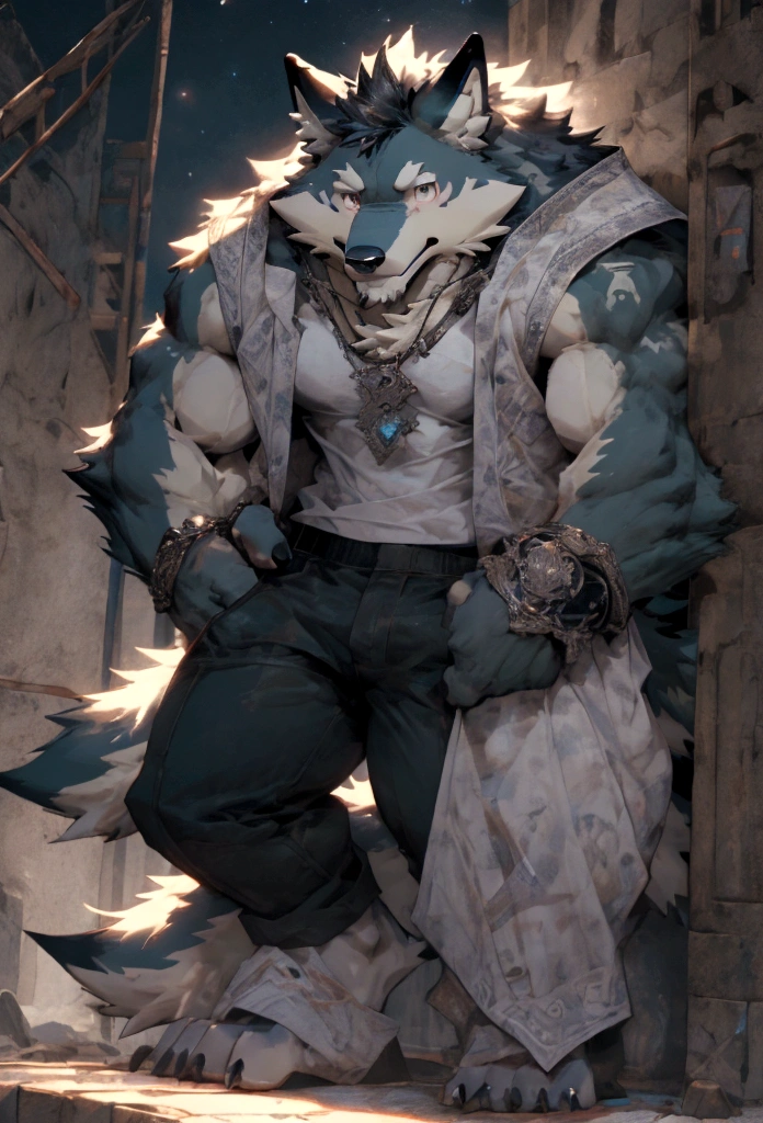 4K, high resolution, best qualityer, perfect colors, perfectly shadowed, perfect lighting,velues, anthropo, velues art, male wolf, gray wolf, (two tone skin), hairy bodies, purples eyes, (seducing gaze), shapely body, perfect male figure, Wear men's boxing pants,Abdomen，musculature, skin detailed, face detailed, face perfect, detailed back ground, wolf tail, (detailedeyes), perfect pupils